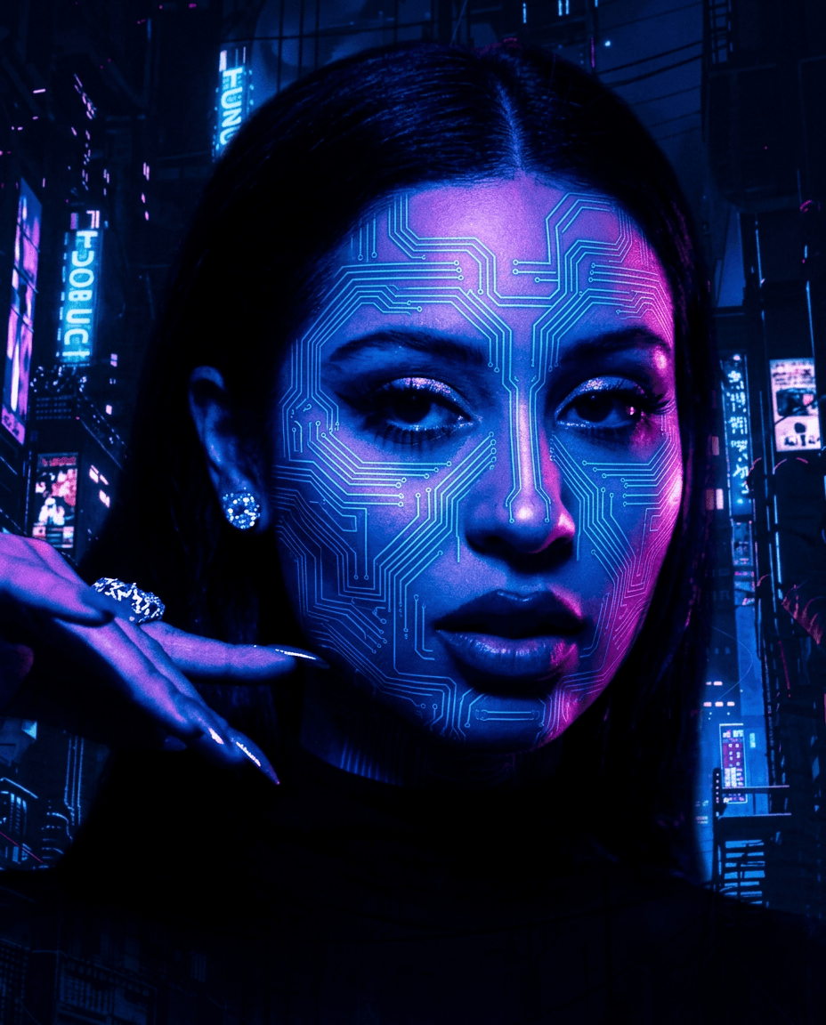 A woman with blue circuit patterns on her face in a neon city background.