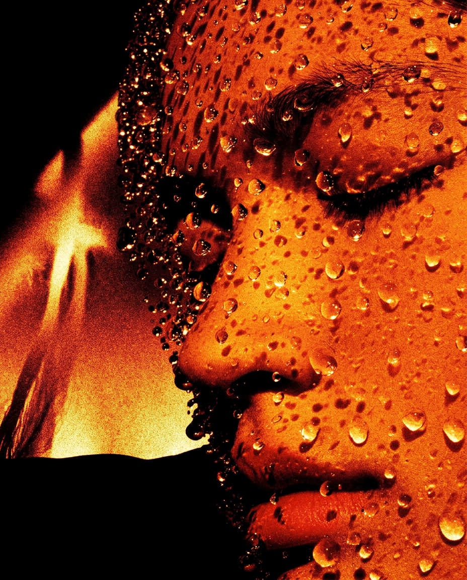 Close-up of a woman's face partially obscured by water droplets.