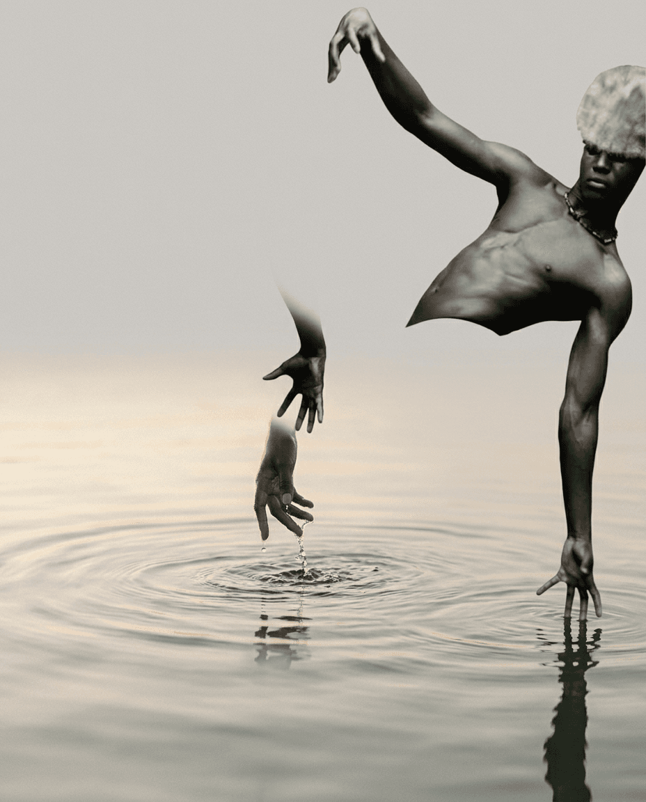 Surreal illustration of a human figure partially submerged in water.