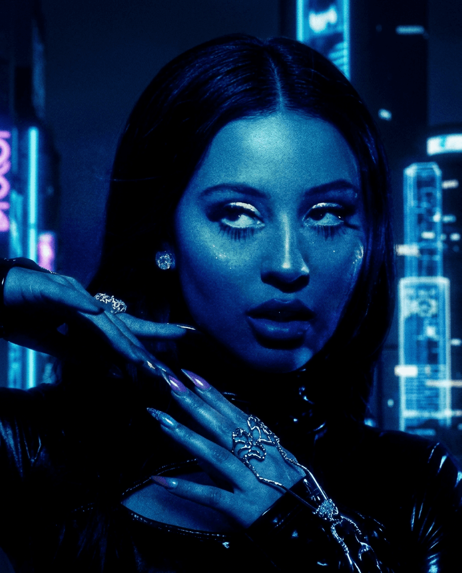 A woman with bright blue lighting and metallic accessories in a neon city backdrop.
