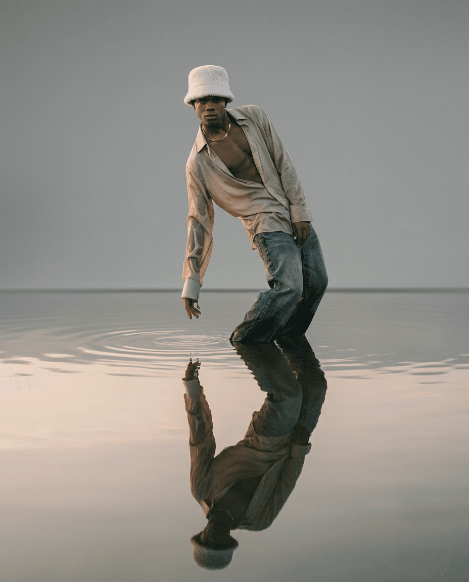 A person in a light shirt and bucket hat stands by a tranquil, reflective surface.