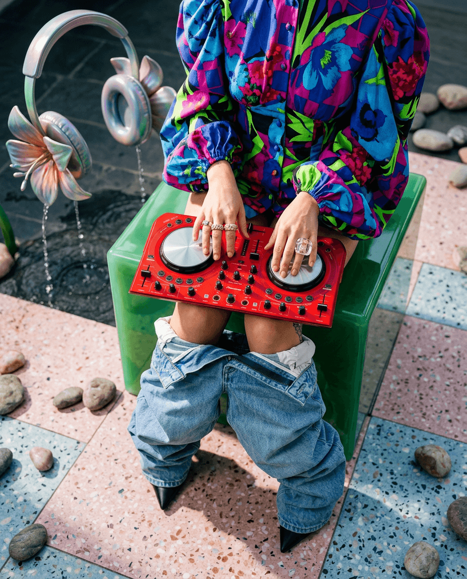 A person in a floral blouse and denim mixes music on a red DJ controller while seated on a green block.