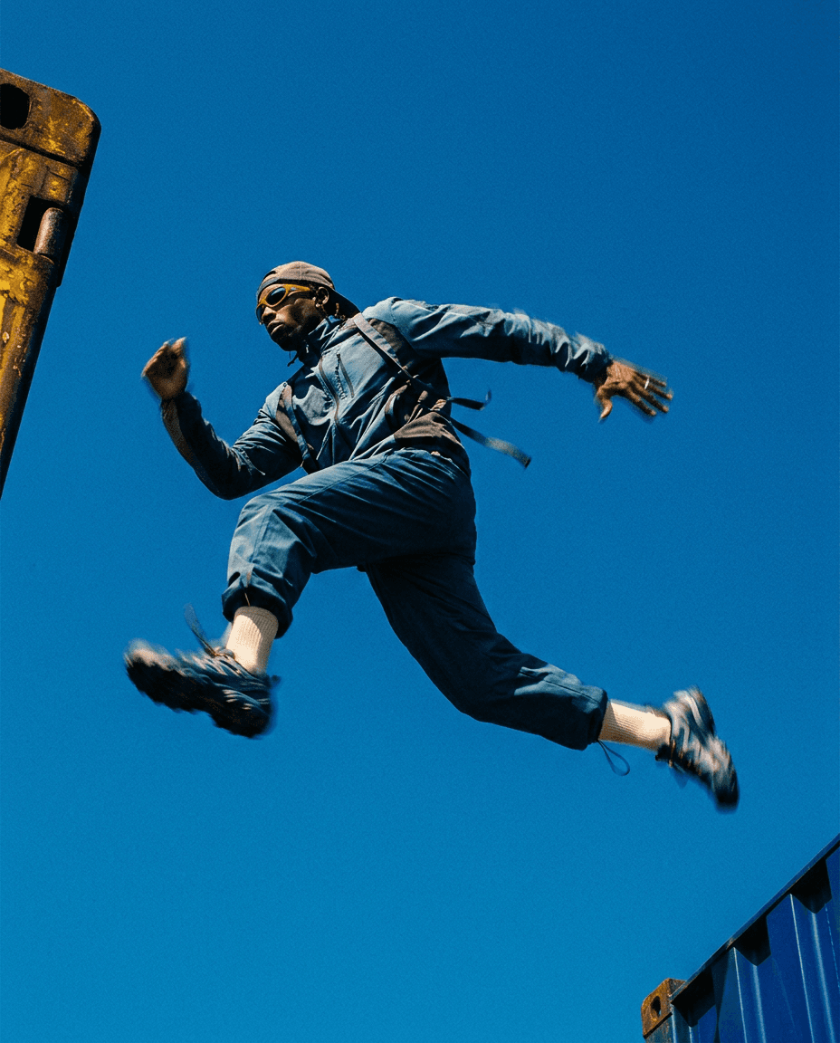 A figure captured mid-jump against a bright blue sky.