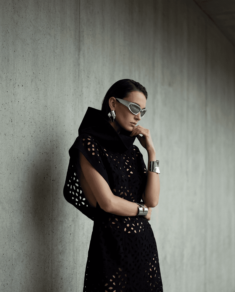 A model stands against a concrete wall wearing a black cut-out dress and metallic accessories.