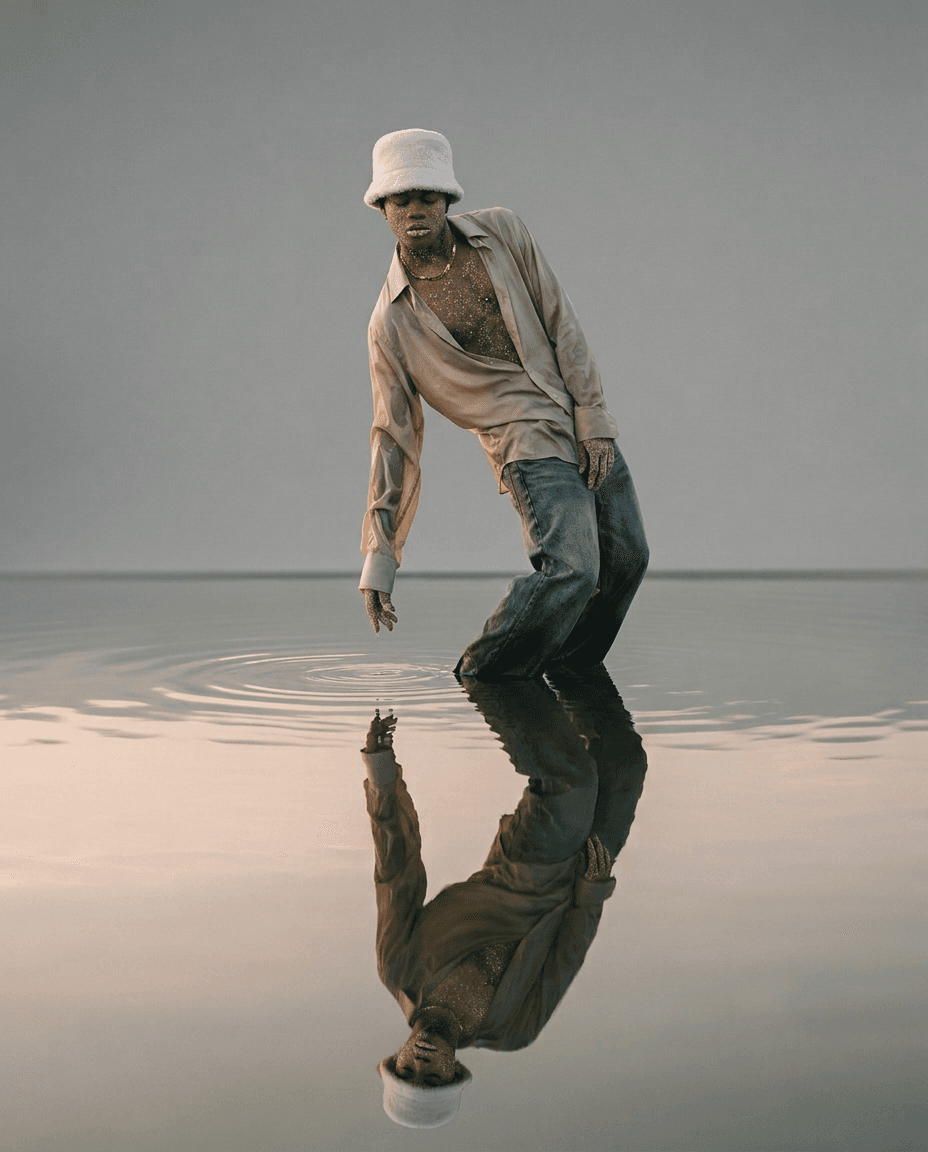 Full-figure portrait of a man creating ripples in water.