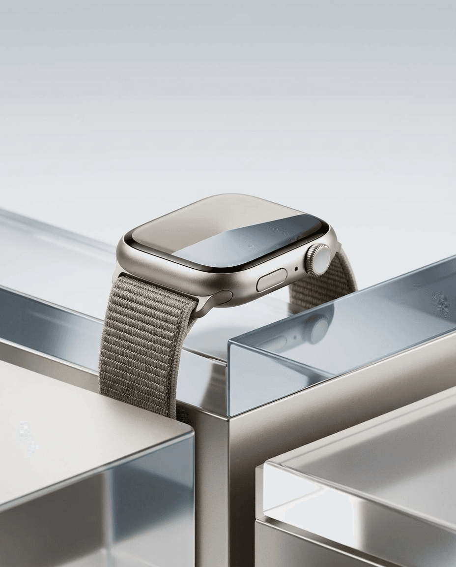 Gold Apple Watch displayed on modern glass blocks.