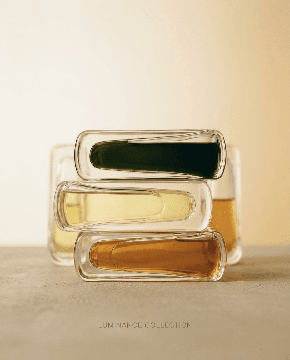 Stack of glass bottles filled with colourful oils on a soft background.