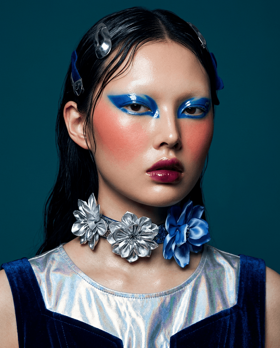 Portrait of a model with blue eye makeup, pink cheeks, and floral accessories on a teal background.