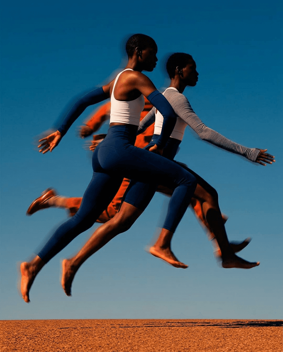 Athletes running against a vivid blue sky with bold orange accents.