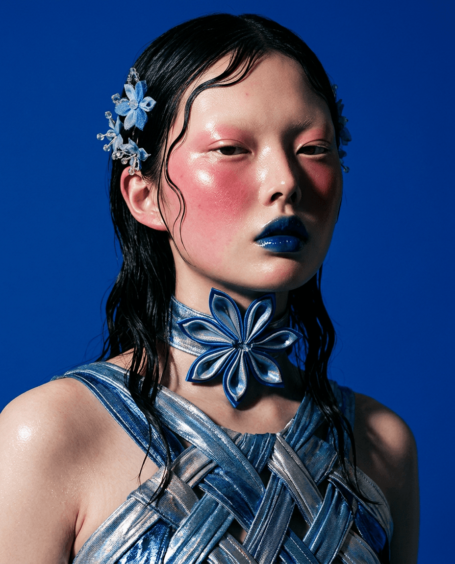 Fashion photograph of a model with blue lips and floral hair accessory on a blue background.