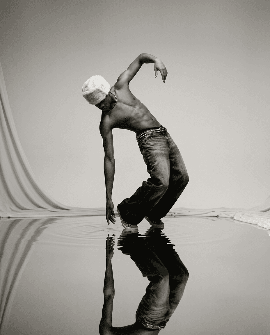 Shirtless dancer mid-movement above reflective water, with soft fabrics around.