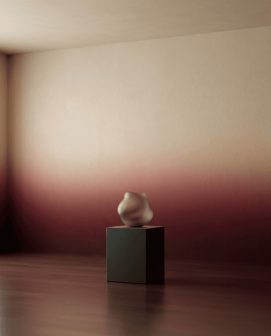 A smooth abstract vase on a dark cube with a gradient red wall behind.