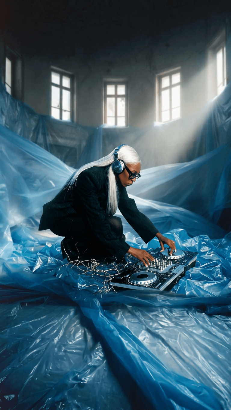 DJ in a black suit and headphones amidst blue translucent drapes.