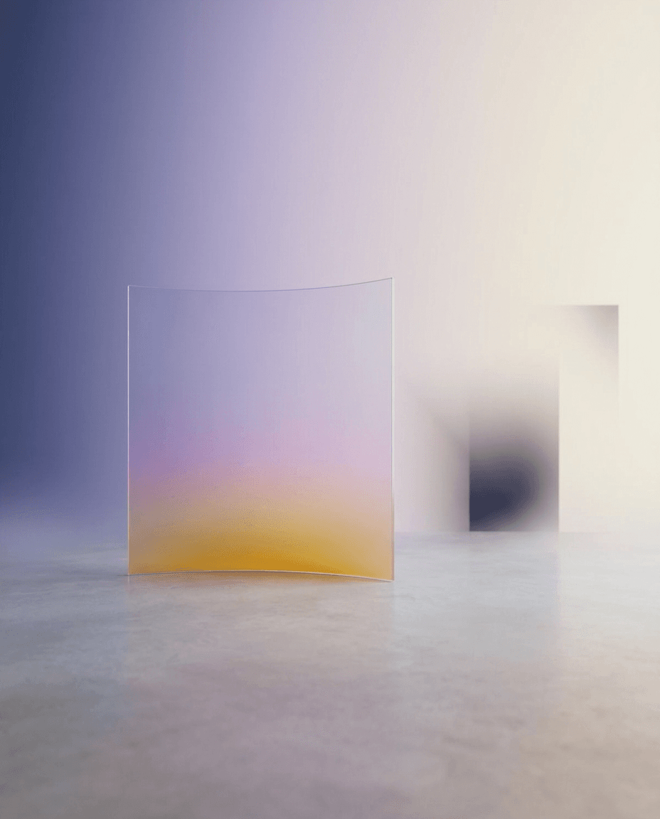 Digital illustration of a translucent curved panel with purple and yellow hues.