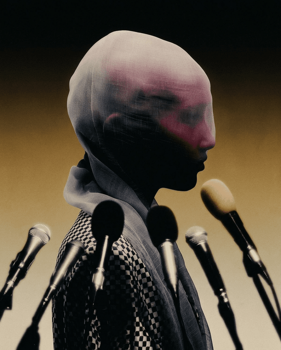 A figure with a veiled face in front of a gradient background, surrounded by microphones.