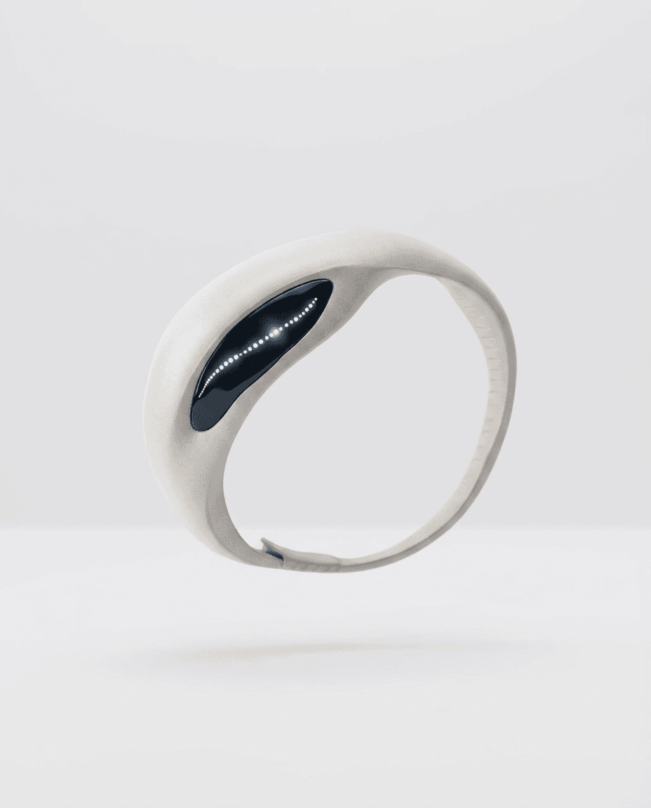 A sleek wristband with blue lights on a white background.
