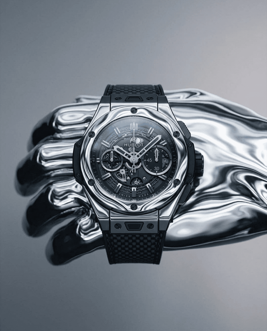 A Hublot watch on a reflective silver hand, showcasing its design.