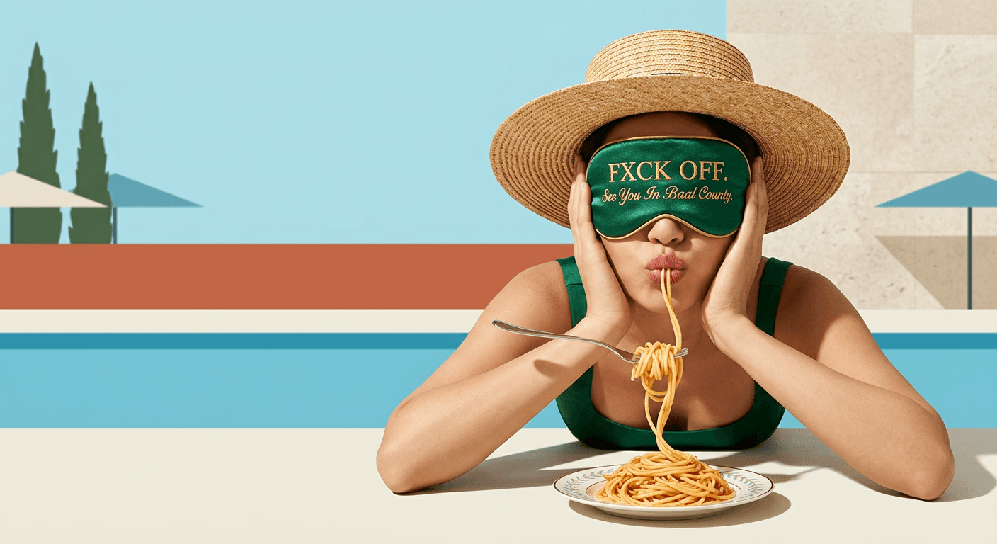 Woman in a green sleep mask slurping spaghetti with a colourful background.