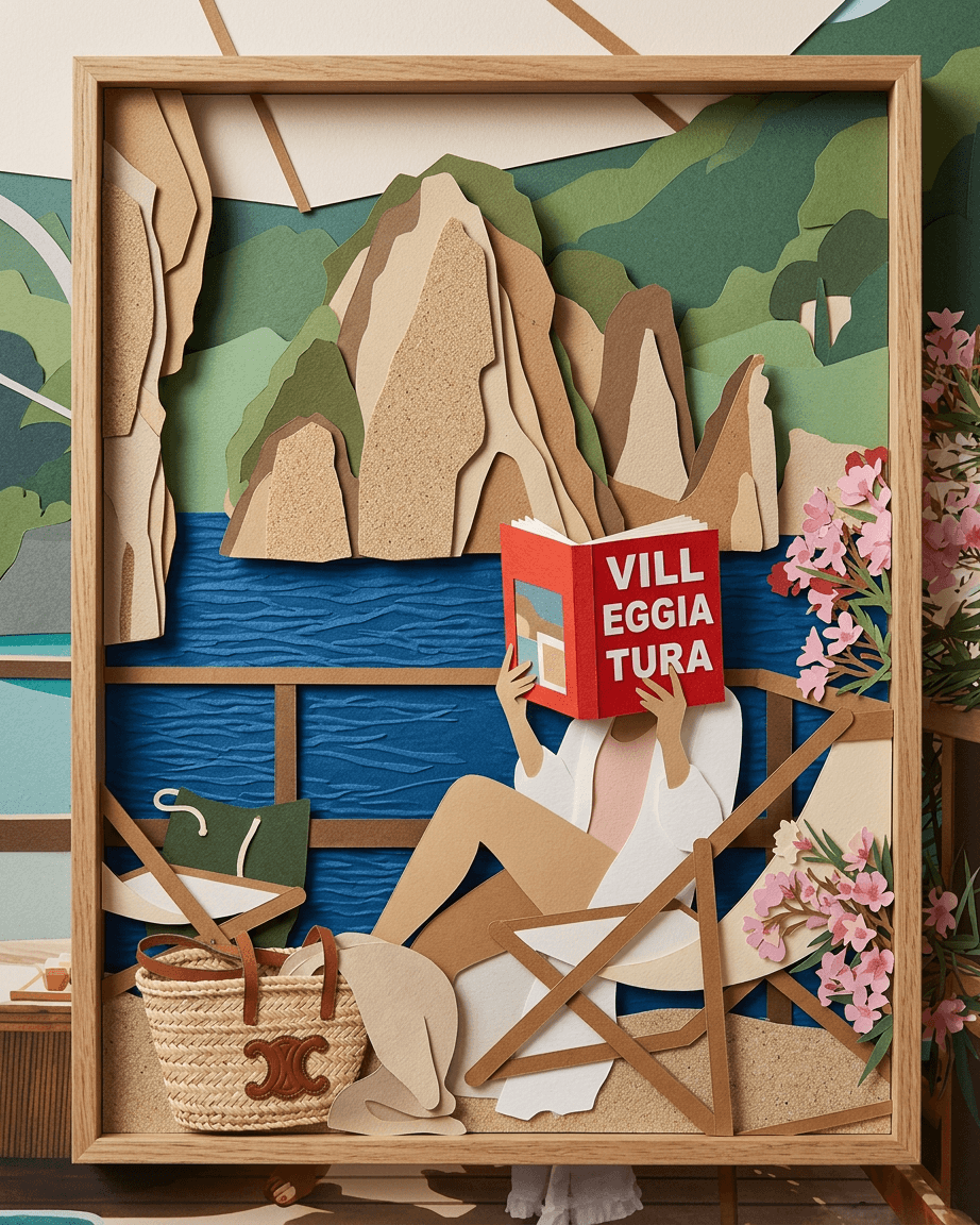 Illustration of a person reading 'VILLEGGITURA' by water with paper cutouts and earthy tones.