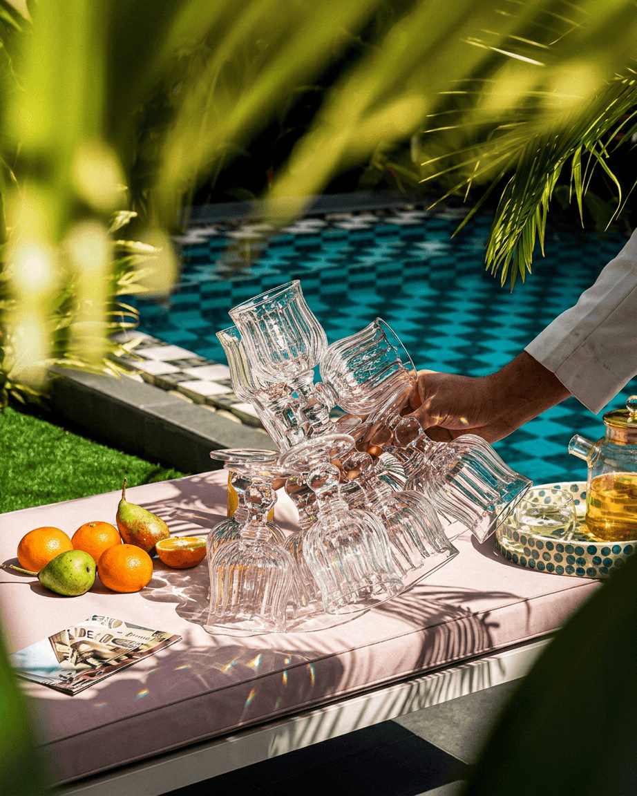 A hand stacking crystal glasses among greenery and tropical fruits.