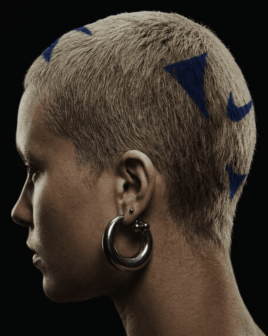 Profile portrait of a woman with a shaved hairstyle and blue shapes on a dark background.
