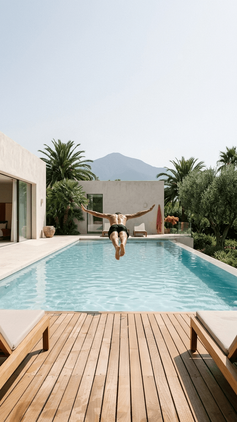A person diving into a turquoise pool with palm trees and mountains in the background.