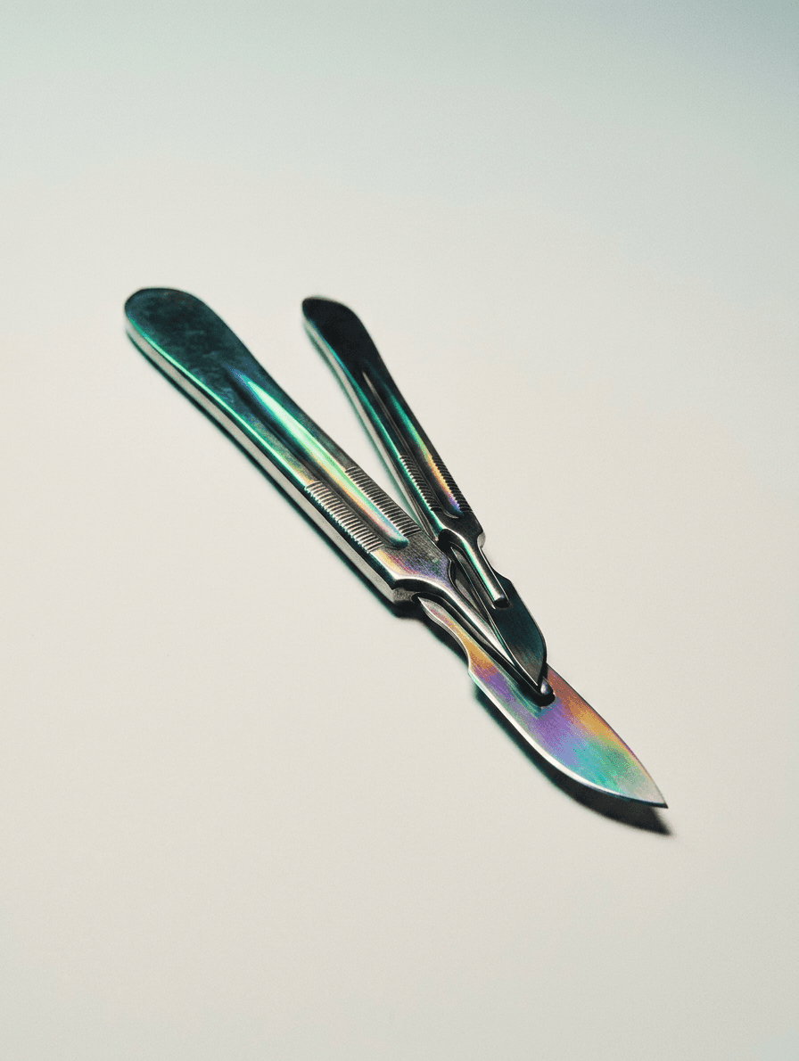 Two iridescent scalpels resting on a soft, neutral background.