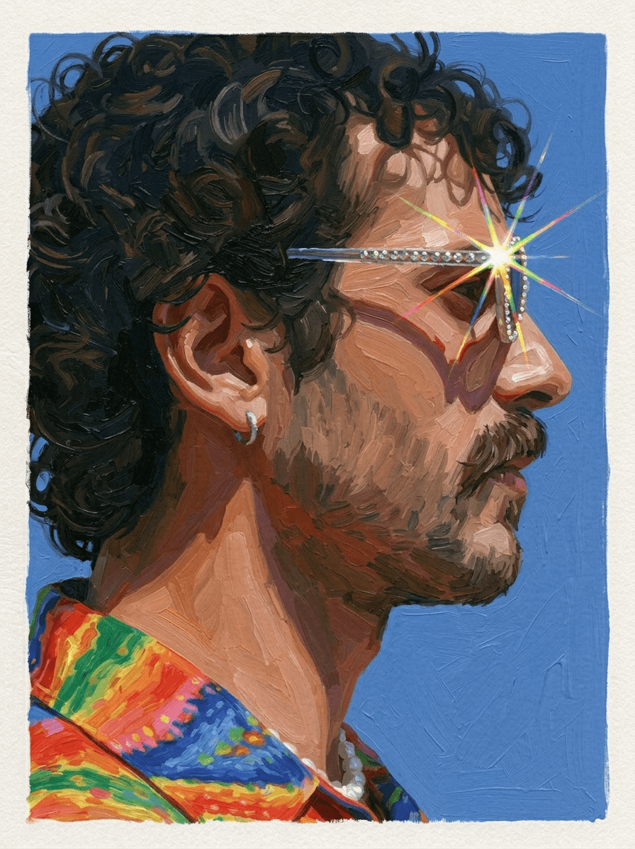 Profile portrait of a man with colourful sunglasses and a rainbow shirt against a blue sky.