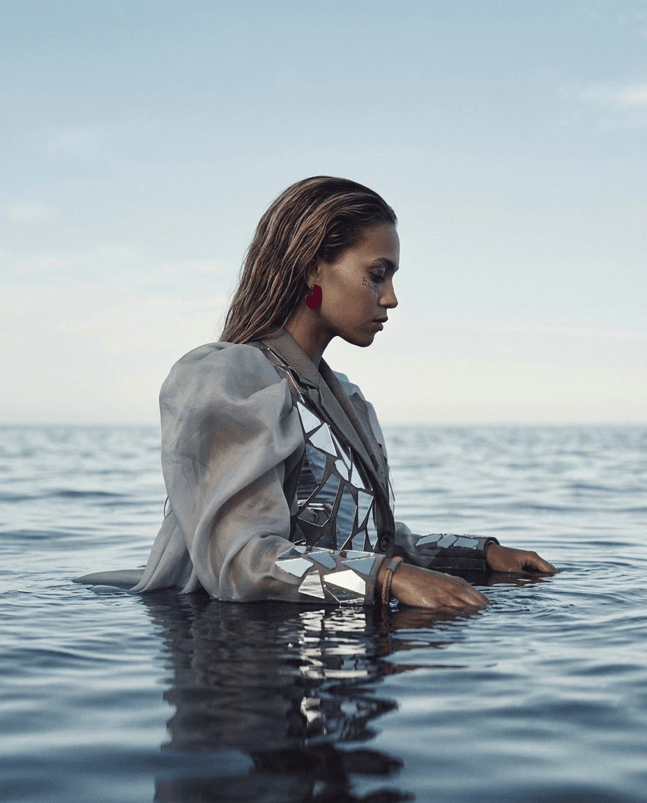 Woman in a geometric outfit partially submerged in calm blue waters.