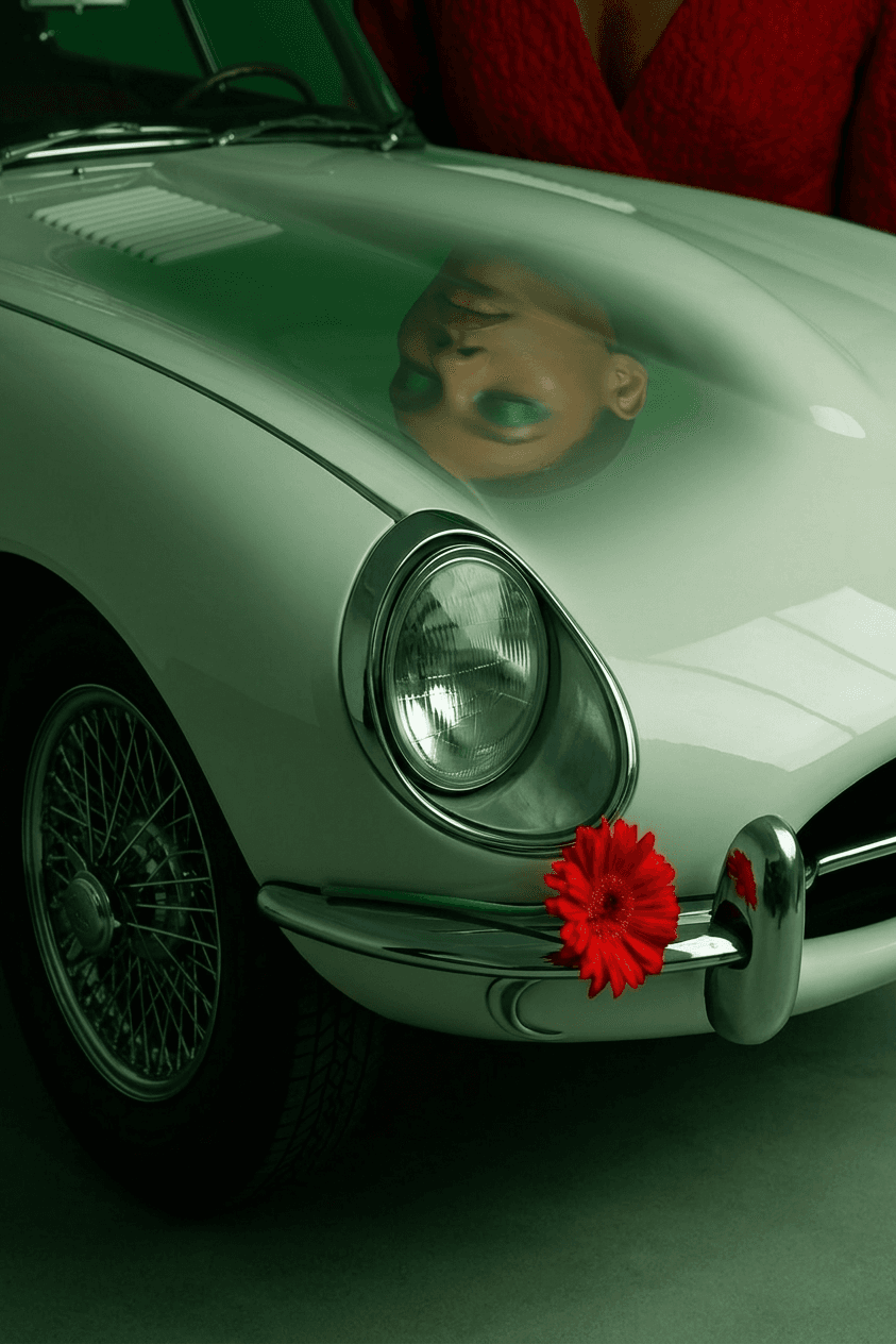 A vintage car hood reflecting a woman's face with a red flower.
