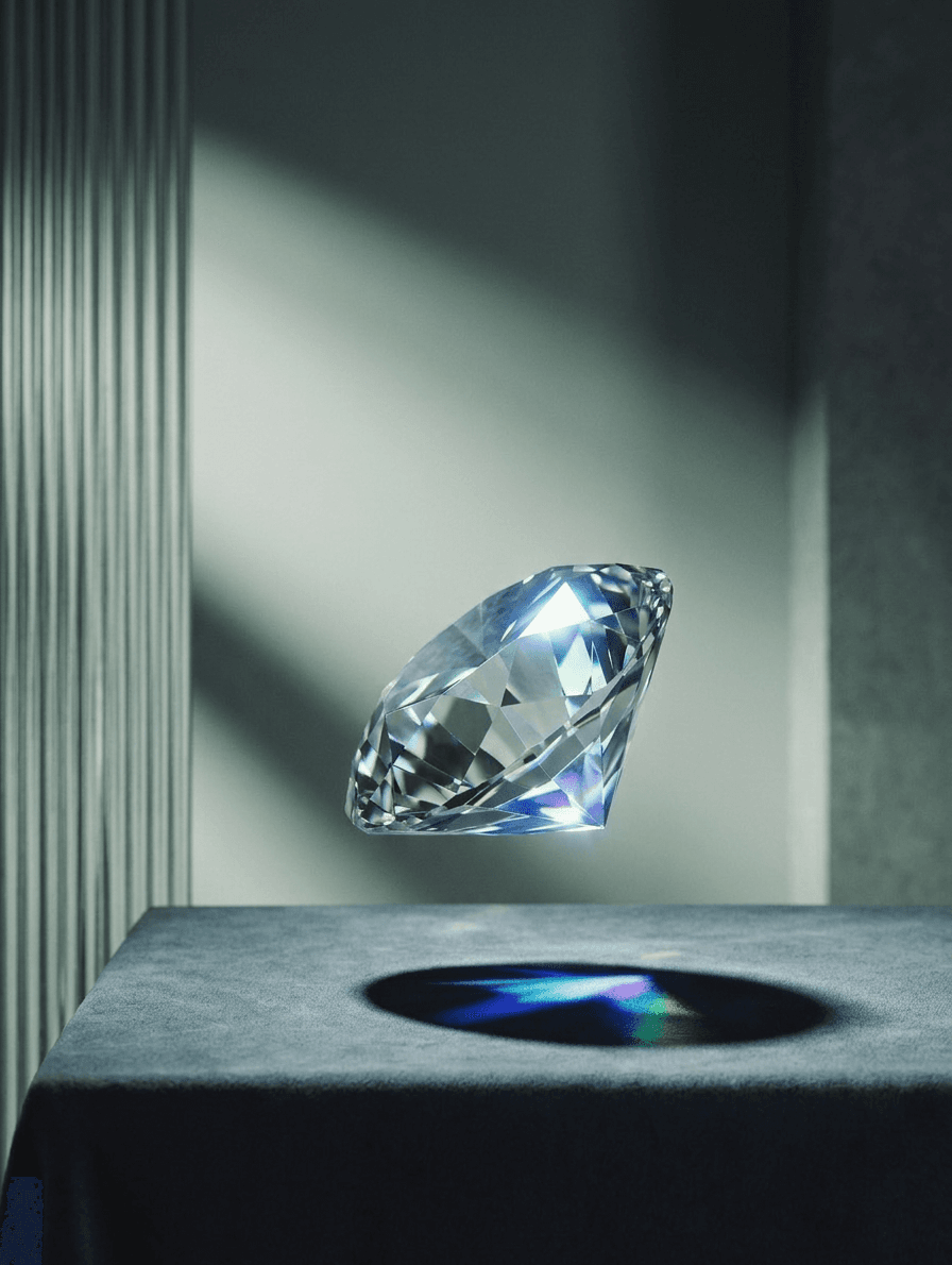 A diamond floating above a textured surface, casting a colourful shadow.