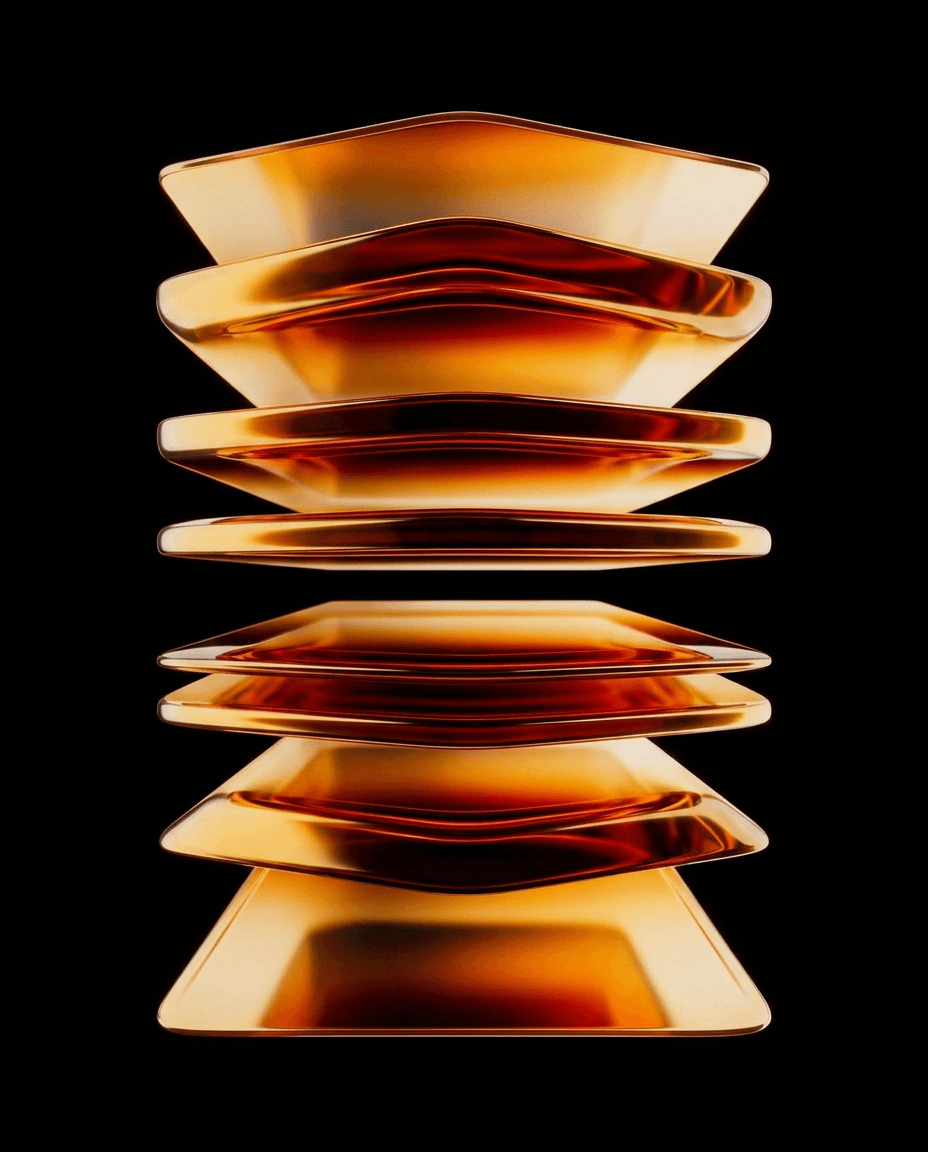 A stack of glass plates with smooth surfaces in amber and gold on a black background.