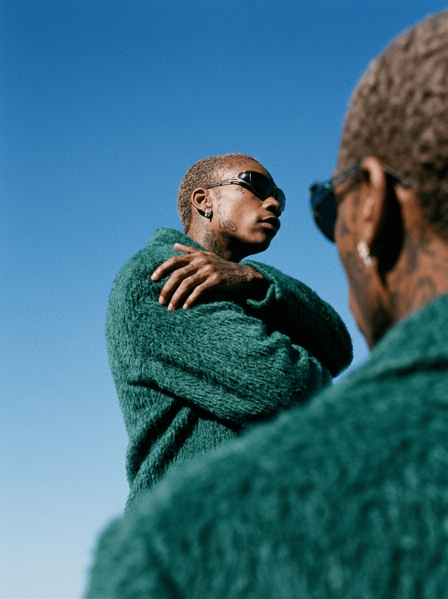 Man with tattoos and sunglasses posed against a blue sky.