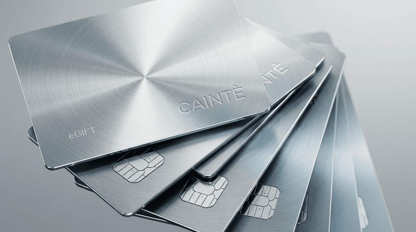 A stack of metallic gift cards with a brushed stainless steel finish.