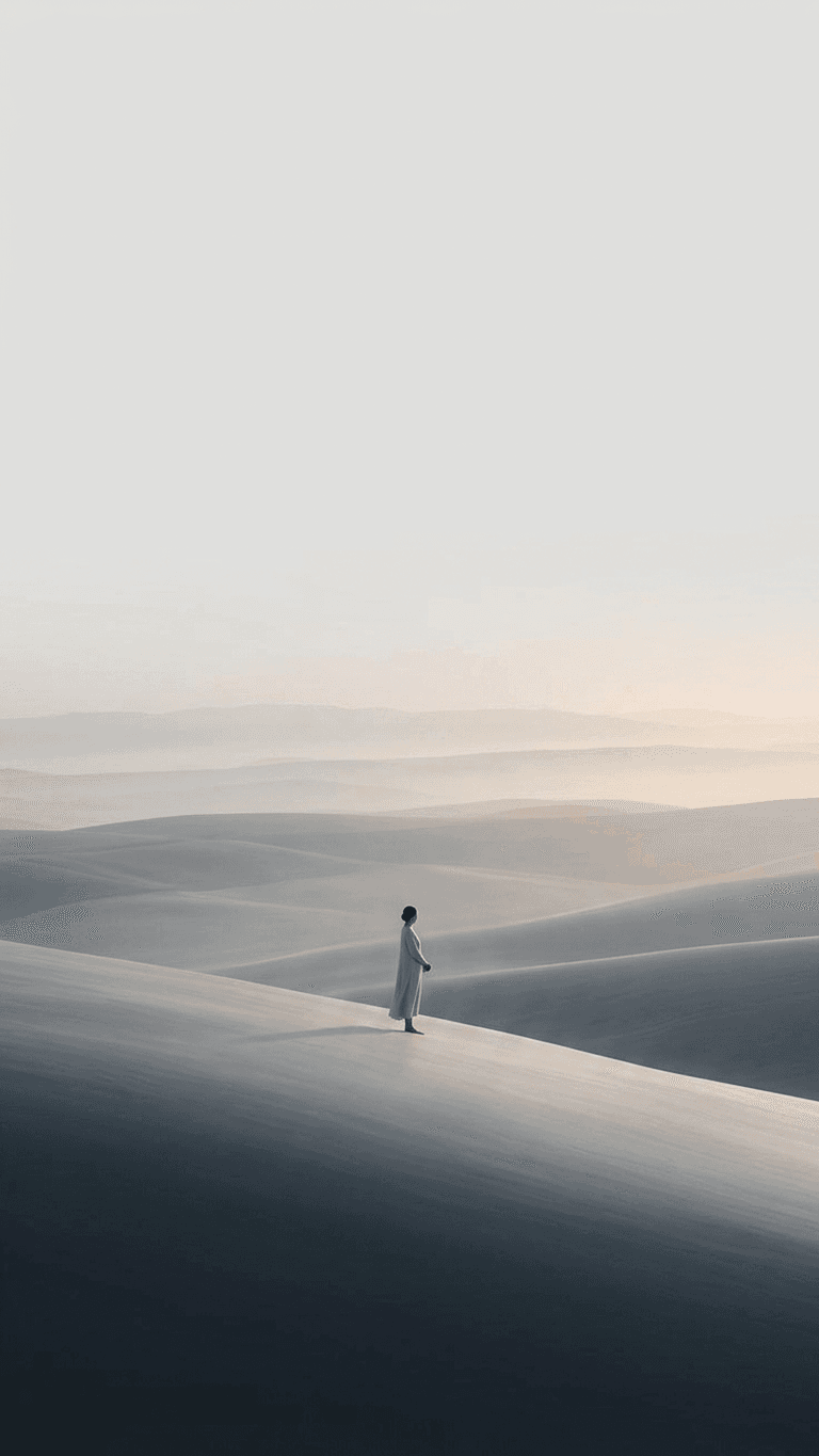 A lone figure stands on rolling hills at sunrise with blue and orange tones.