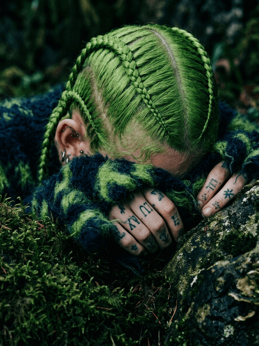 Close-up of a person with green braided hair and tattooed arms, partially obscured.