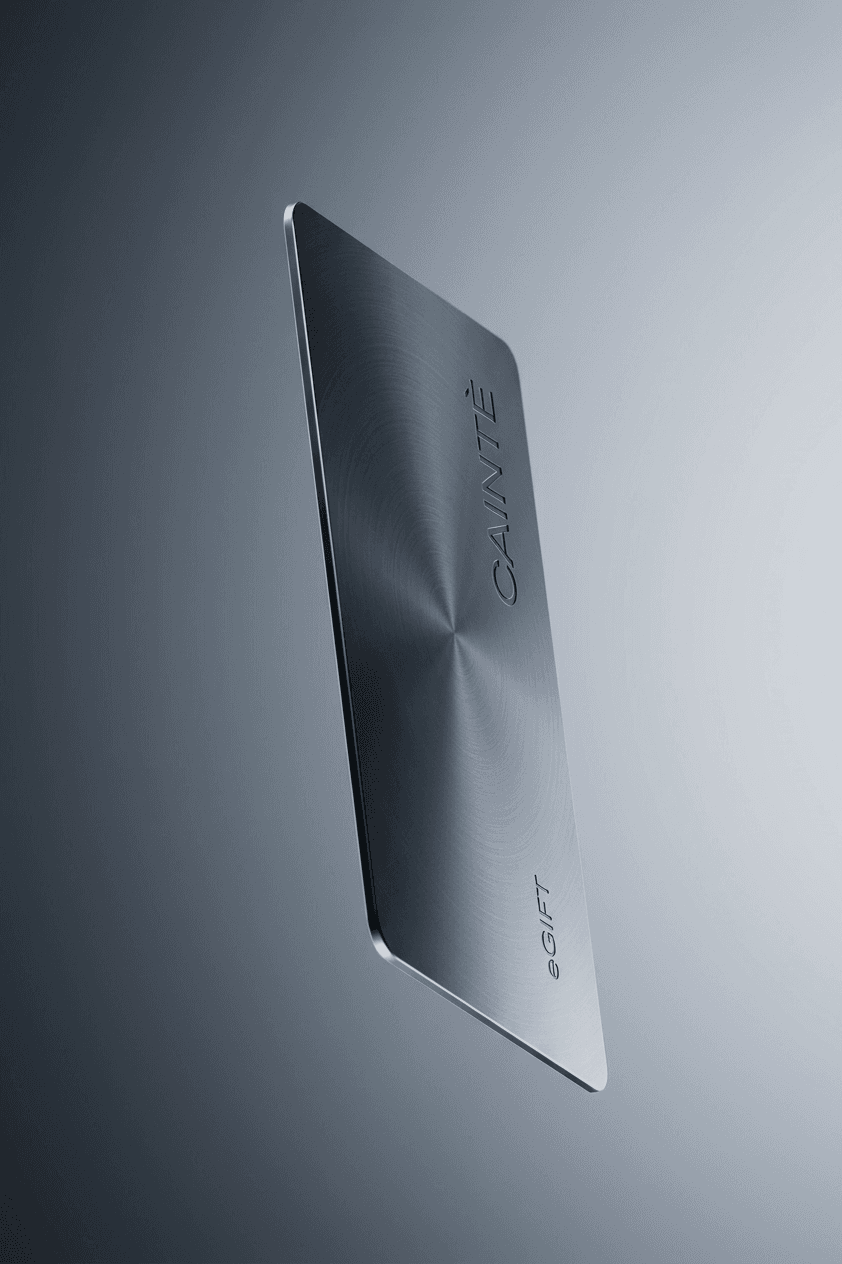 A metallic gift card hovering against a smooth gradient background.