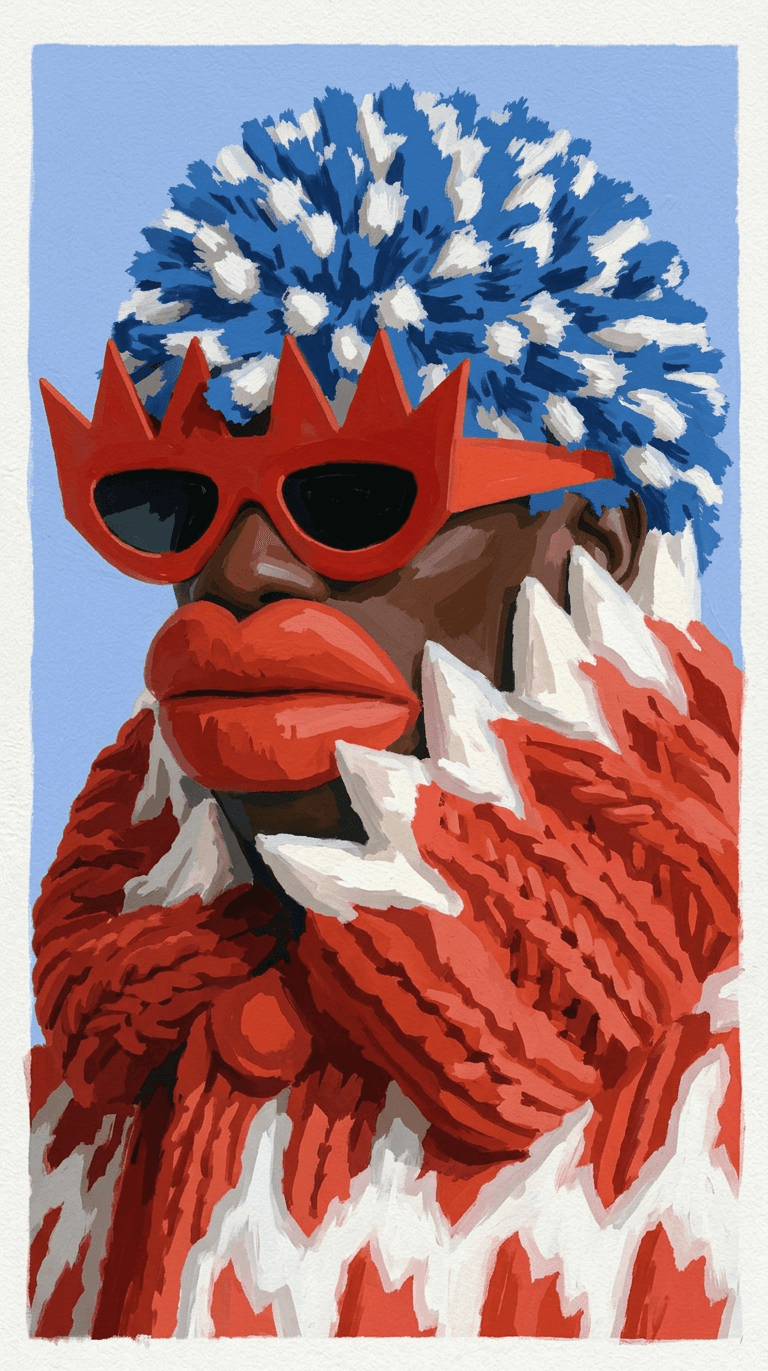 Illustration of a stylish person in a bright outfit with red and blue accents.