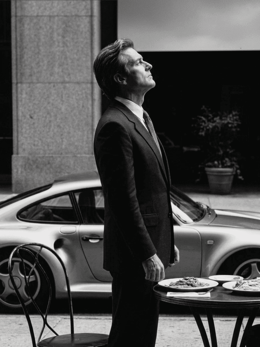 A man in a tailored suit stands in profile against a black and white backdrop, with a classic car and table setting in the