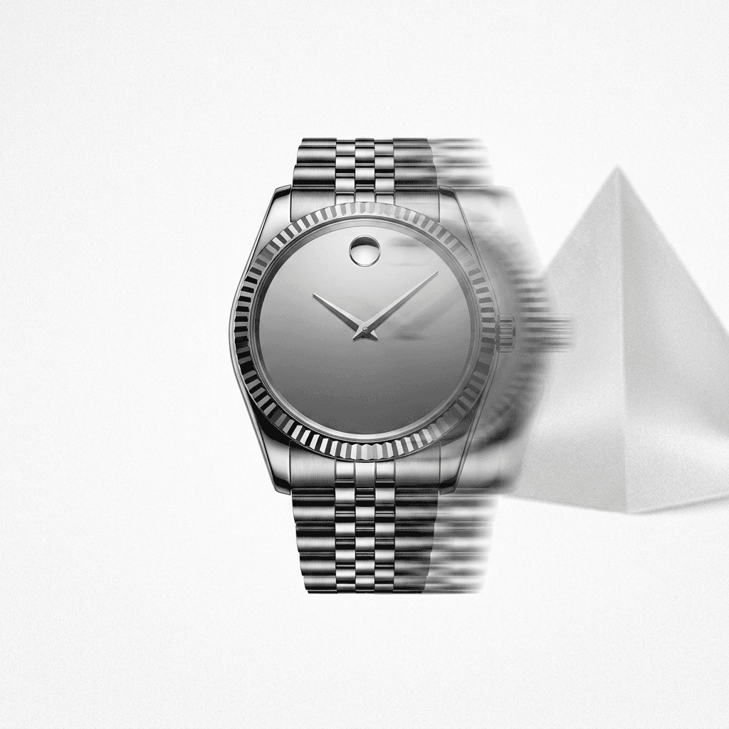 Illustration of a sleek silver watch with blurred elements suggesting motion.
