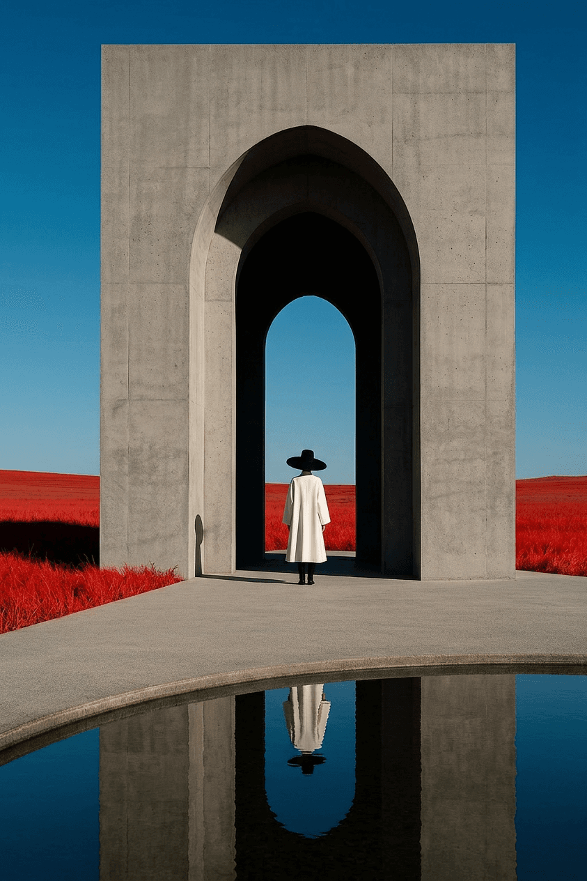 A person in a white coat and wide-brimmed hat stands in front of a concrete archway in a red landscape.
