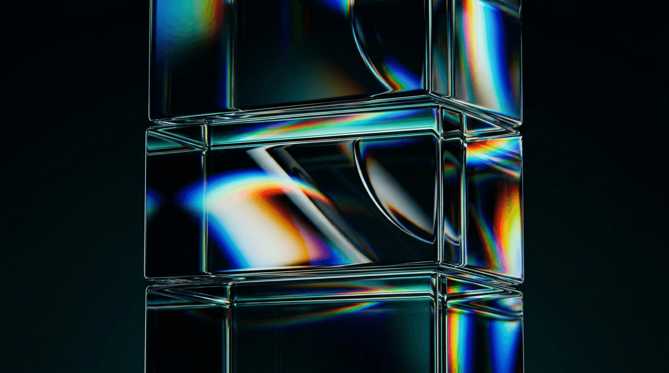 Illustration of abstract glass-like cubes refracting light and displaying vibrant colours.