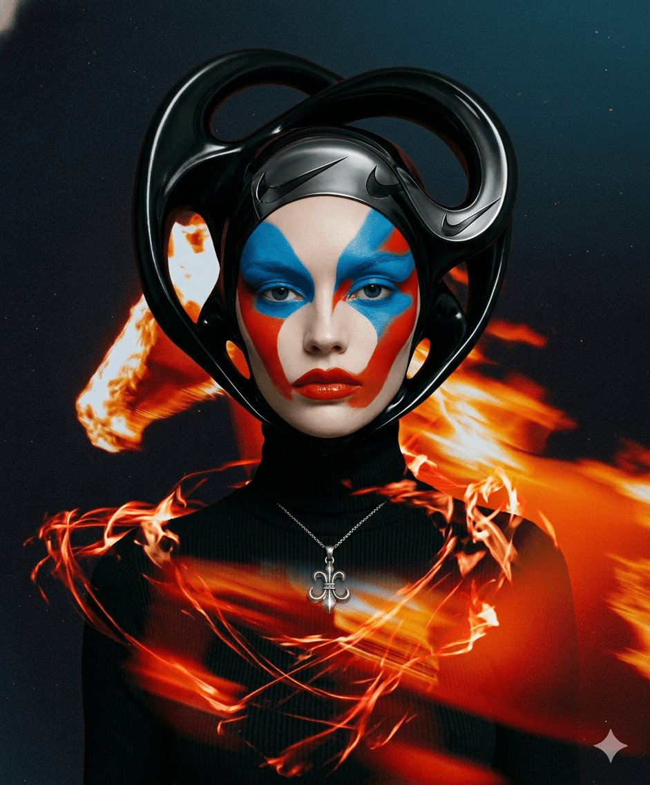 Model with blue and red face paint and a black headpiece on a black background.