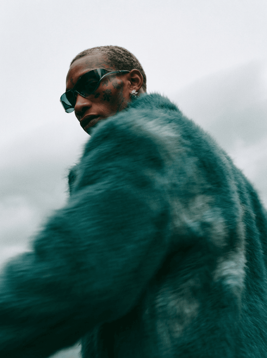 Model wearing a teal fur coat, photographed from a low angle with a cloudy sky backdrop.