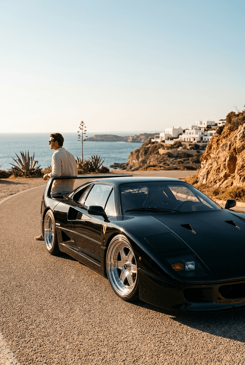 Black Ferrari F40 parked by a coastal road with blue waters and cliffs.