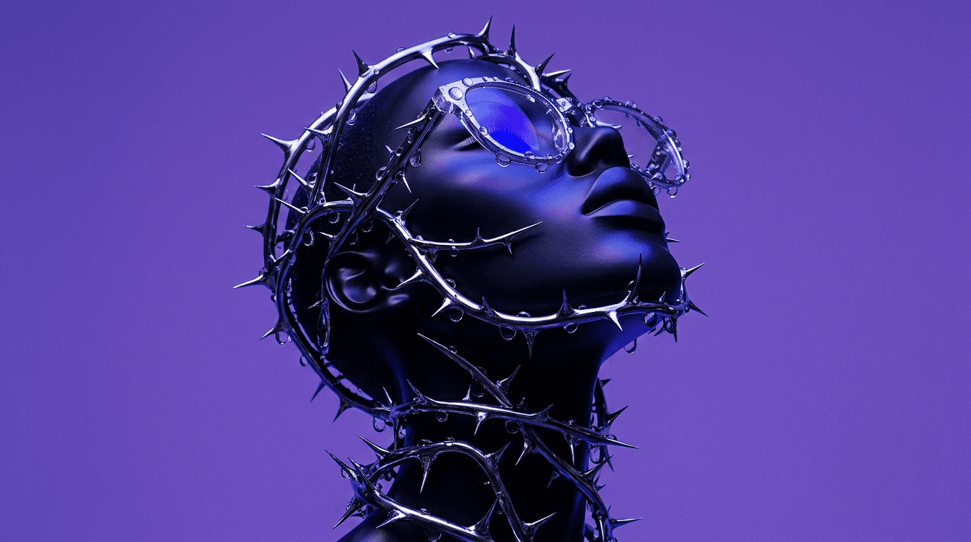 A mannequin wearing thorn-like jewelry and large sunglasses with a purple background.