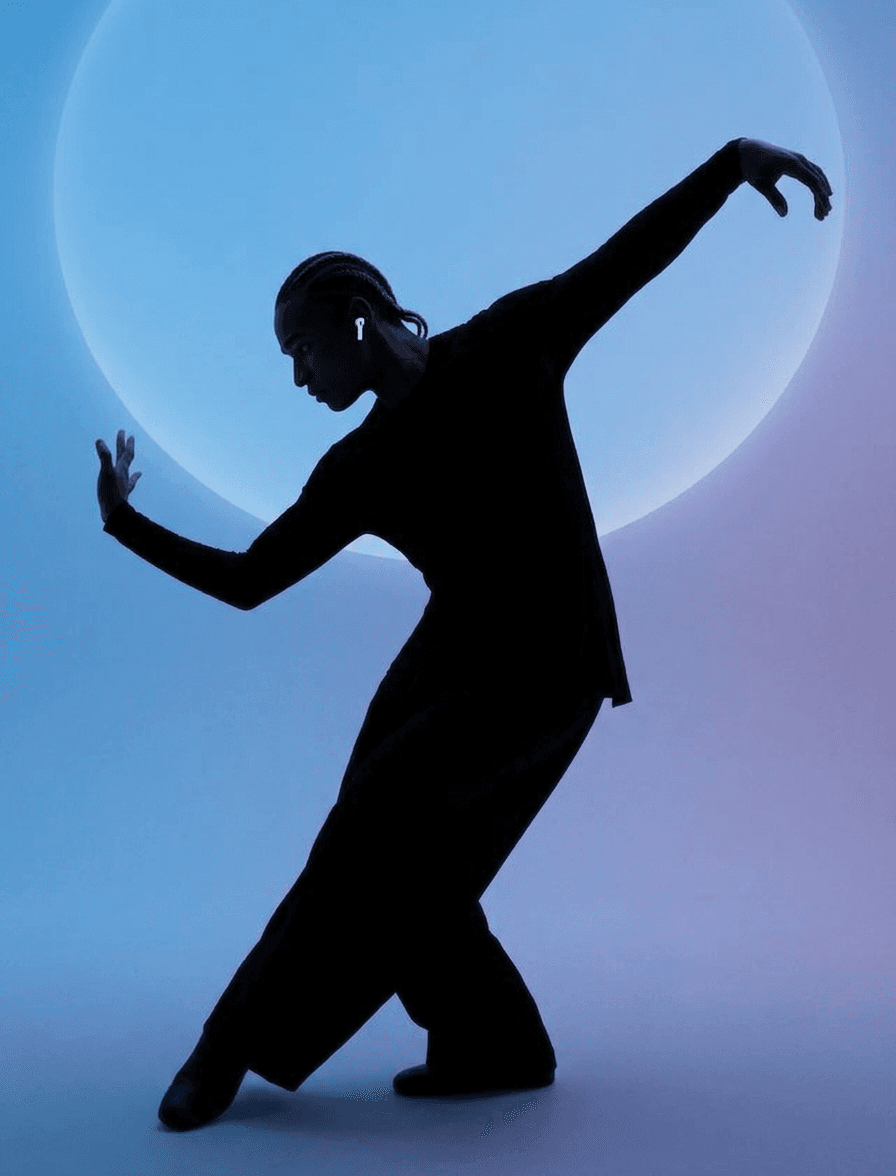 Silhouetted dancer in a dynamic pose with a blue and purple gradient background.