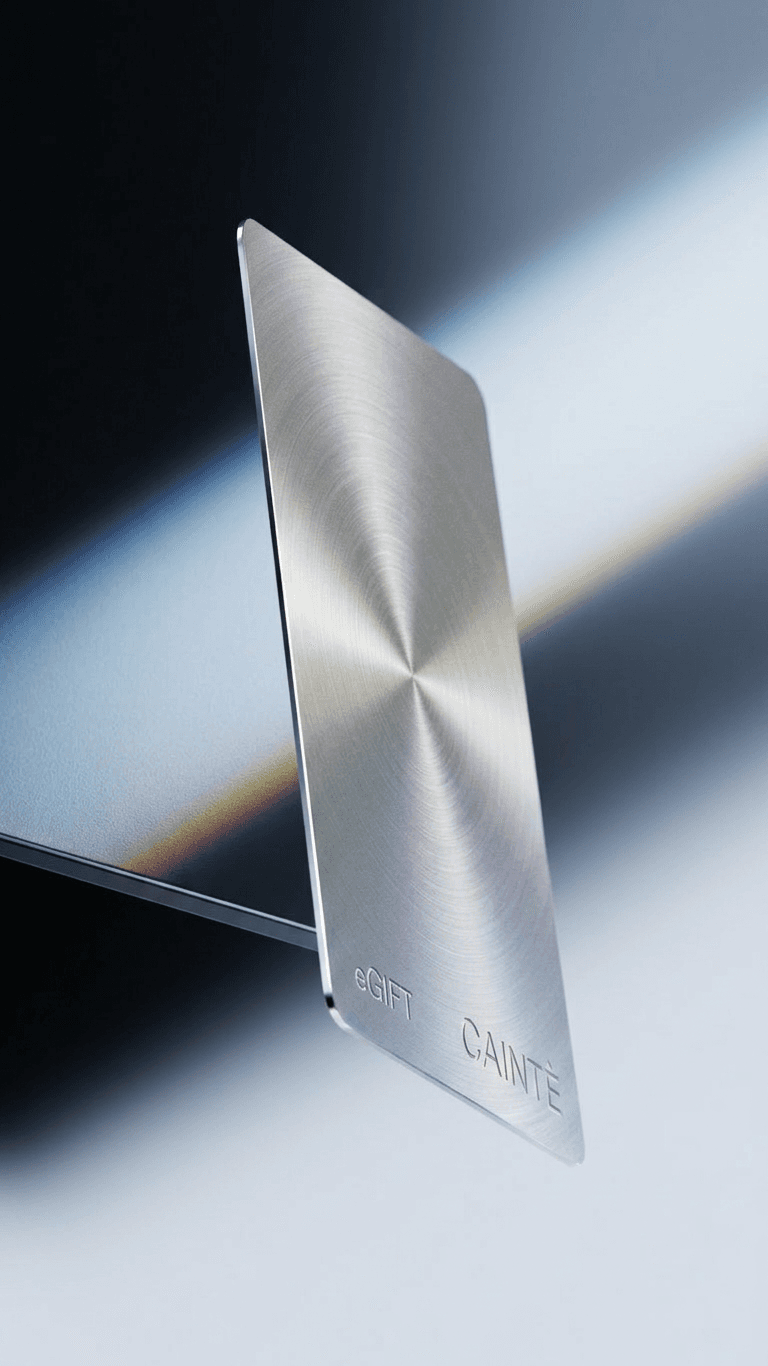 Metallic gift card on a gradient background with cool tones.
