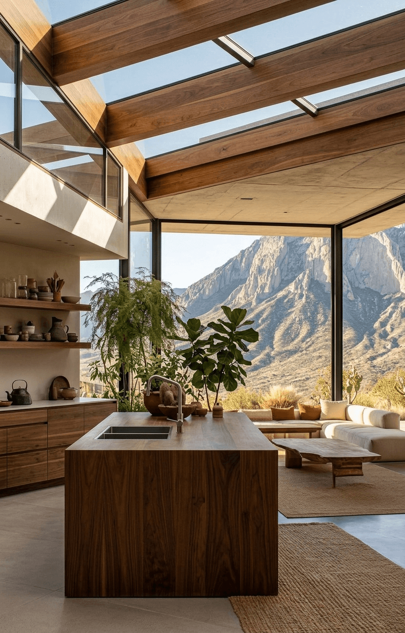 Modern kitchen with wooden island and large glass windows overlooking mountains.