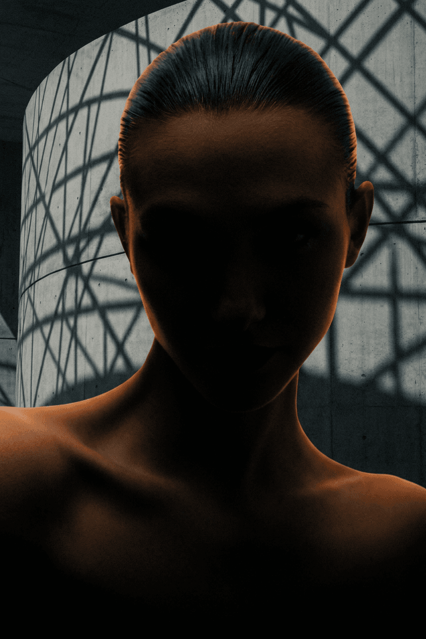 Silhouetted figure in front of textured concrete with dramatic shadows.